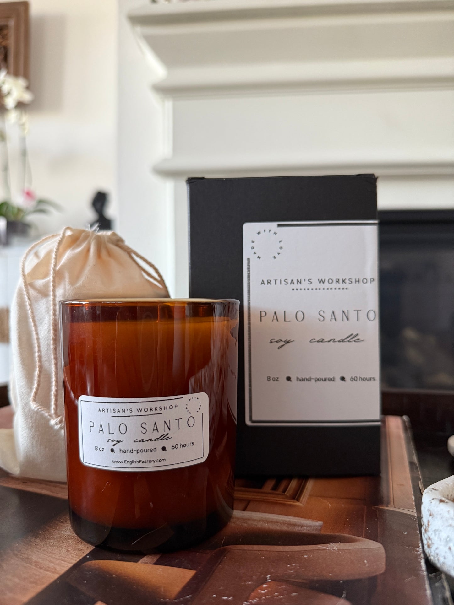 Palo Santo Candle with Crackling Wood Wick in Amber Glass Jar Hand-Poured Vegan Soy Candle 8 oz – English Factory Artisan's Workshop Collection