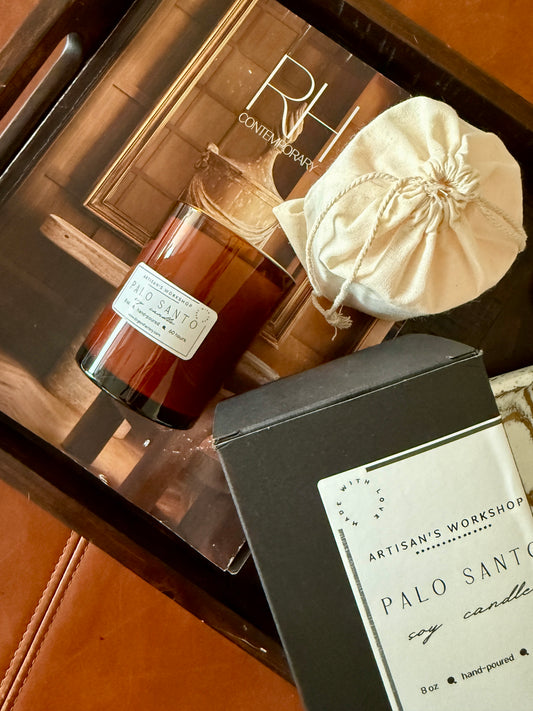 Palo Santo Candle with Crackling Wood Wick in Amber Glass Jar Hand-Poured Vegan Soy Candle 8 oz – English Factory Artisan's Workshop Collection